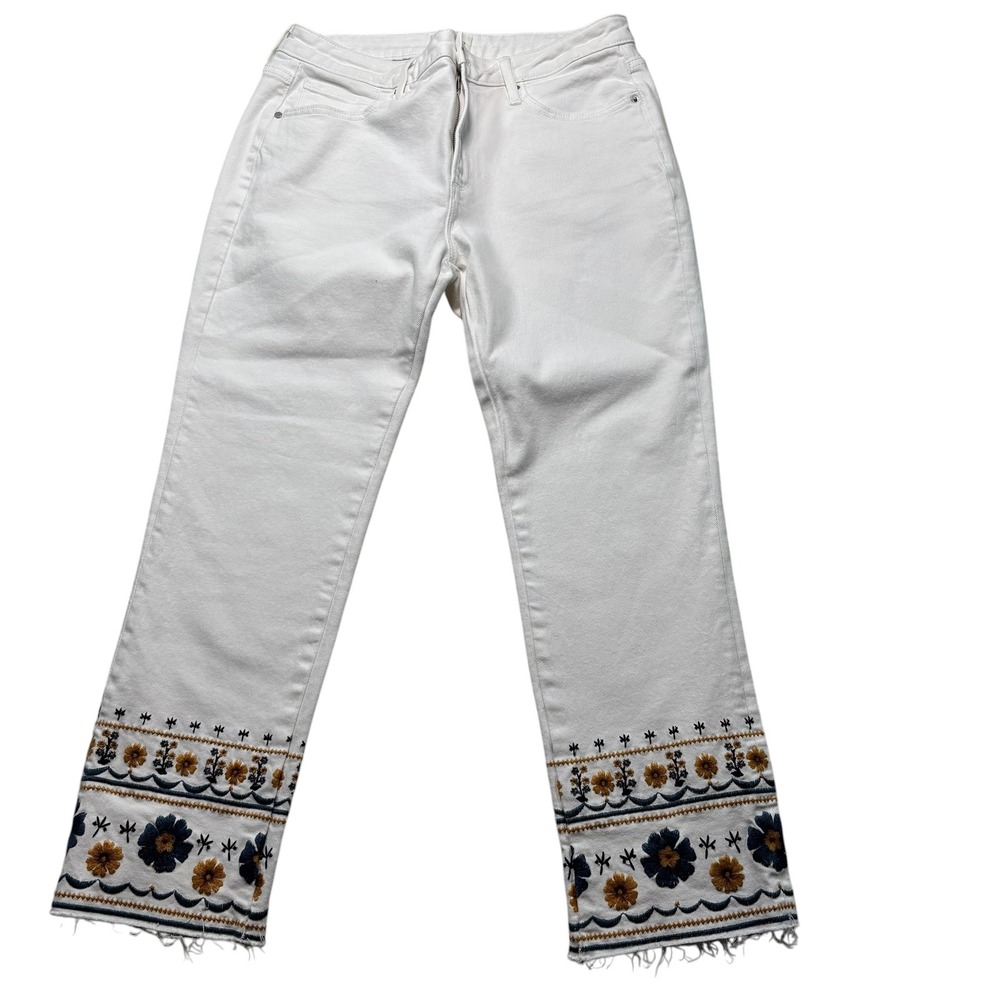 Driftwood Colette White Embroidered Floral Raw Hem Straight Leg Jeans Sz 14 #K24